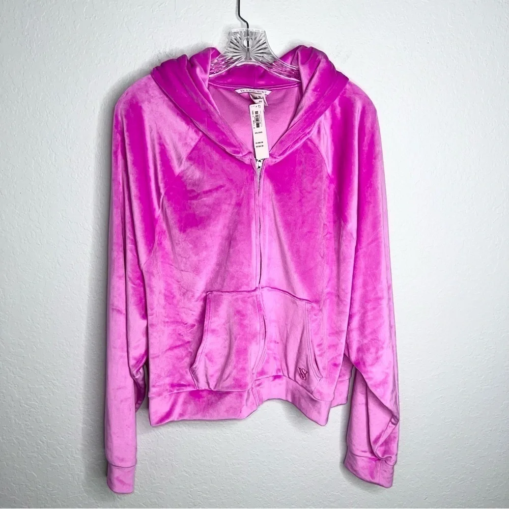 Victoria Secret Sweater Women XXL Velvet Zip Up Pink Hooded Barbiecore B22